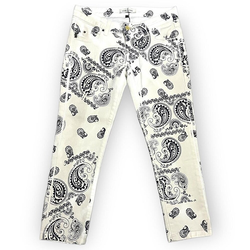 Pierre Balmain White Jeans with Black Paisley Print